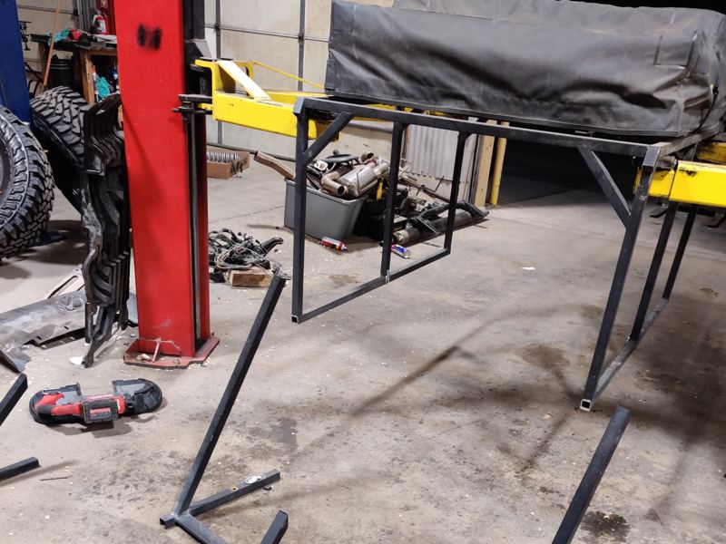 Steel tent rack frame being fabricated in the shop